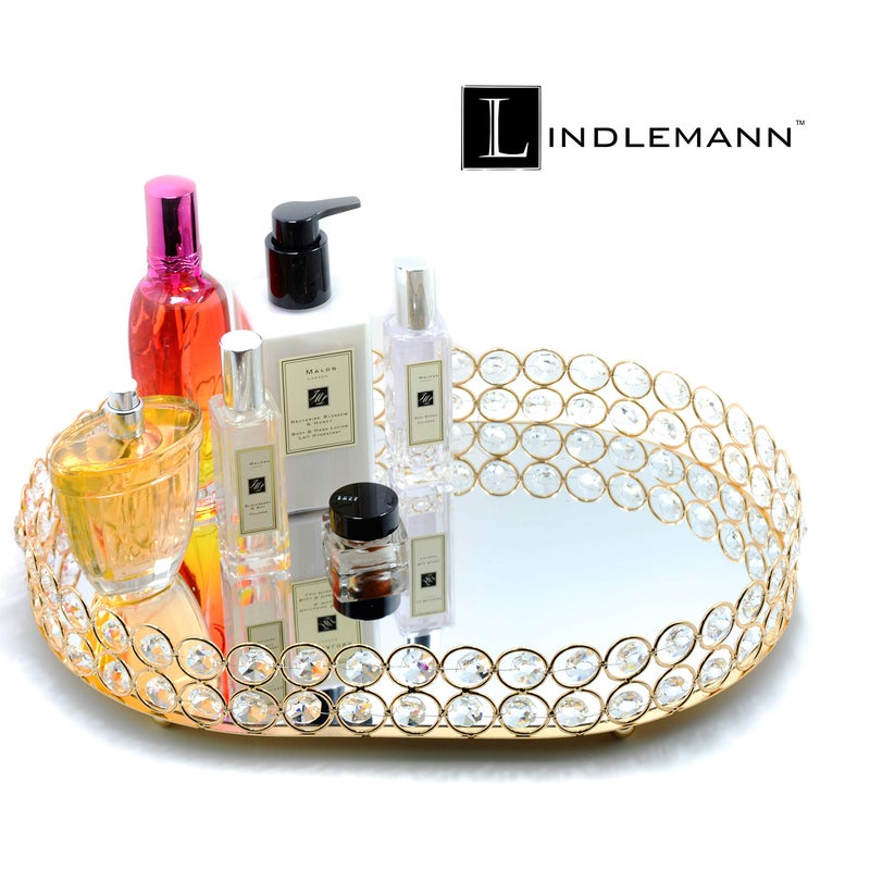 LINDLEMANN Crystal Vanity Tray Decorative Mirrored Dresser Perfume Trays for Makeup Cosmetic Storage Jewelry Trinket Storage Organizer for Bathroom Countertop Home DÃ©cor (Oval, 14x10in, Gold) - Image 5